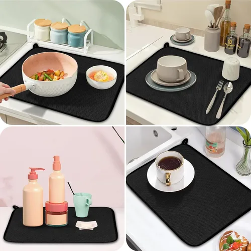 Vista 5 de Tapete de microfibra para secar platos, almohadilla de secado de platos de cocina súper absorbente, reversible para encimera, 15 x 20 pulgadas, Negro