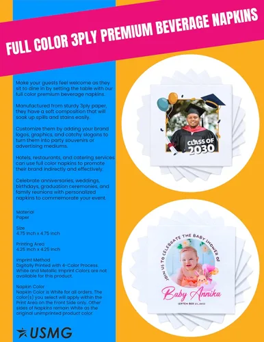 Vista 2 de Personaliza tu celebración: 50 servilletas personalizadas para bebidas fotográficas, impresión vibrante a todo color, 3 capas, 4 3/4 x 4 3/4
