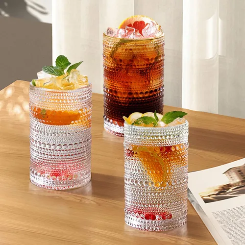 Vista 5 de Juego de 6 vasos de hobnail vintage de 13 onzas, cristalería vintage en relieve transparente para agua, jugo, cóctel, vino, cerveza, whisky