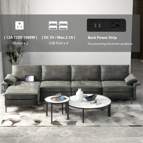 Vista 6 de KOMFOTT Sofá modular convertible extragrande de 130.5 pulgadas, sofá modular de 4 asientos en forma de L con diván reversible, salidas de 3 agujeros