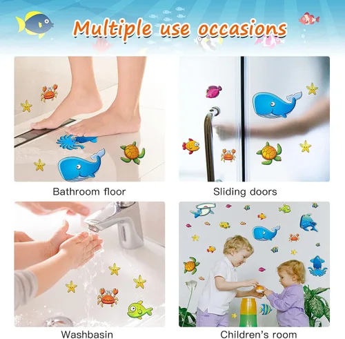 Vista 6 de TESWEY 24 calcomanías antideslizantes para bañera, diseño de vida marina de dibujos animados, de PVC, mate, para la habitación de los niños, baño