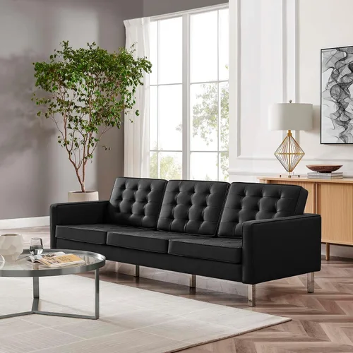 Vista 2 de Modway EEI-3385-SLV-BLK - Sofá tapizado de piel sintética con botones copetudos, color plateado y negro
