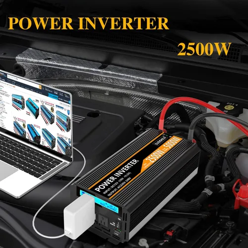 Vista 3 de SUDOKEJI - Inversor de corriente de 2500W, 12V DC a AC 110V/120V (pico) 5000W, convertidor con 3 tomas de corriente para automóvil, inversor