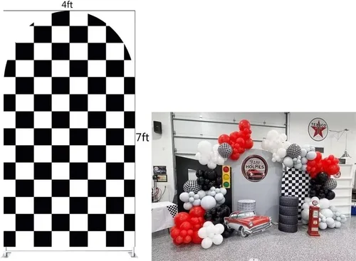 Vista 5 de Fundas de fondo de arco con textura de cuadros blancos y negros, bandera a cuadros de 2.5 x 6 pies, fondo de pared elástico para fotografía