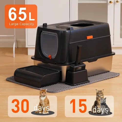 Vista 2 de Citylife - Caja de arena para gatos de acero inoxidable con tapa, entrada frontal y superior, caja de arena de metal extra grande con pala