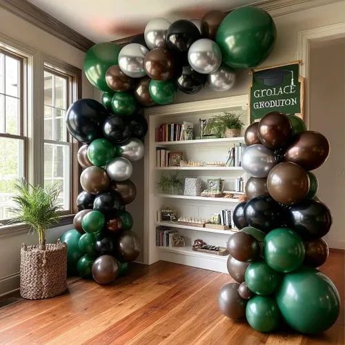 Vista 7 de Arco de globos de látex negro y verde, guirnalda de globos de látex de doble relleno, color verde oscuro, marrón, plateado, para camuflaje
