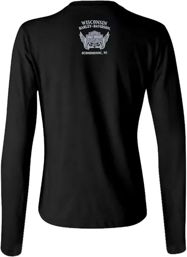 Vista 2 de Harley-Davidson Camisa Henley de manga larga con diamantes de imitación para mujer, color negro
