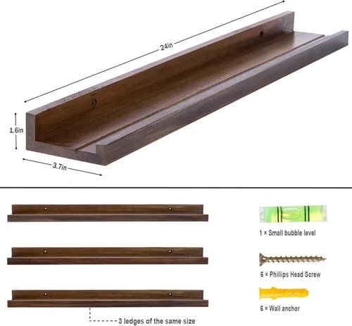 Vista 3 de AZSKY Estantes flotantes de 24 pulgadas, estante de pared de madera rústica, estantes flotantes de nogal oscuro profundo, un juego de 3 estantes