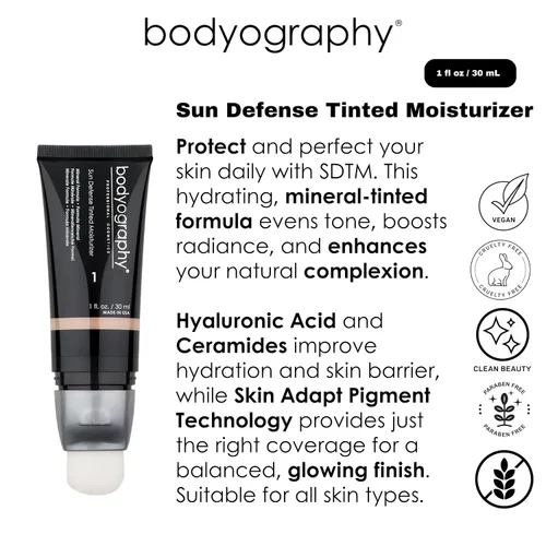 Vista 2 de Bodyography Sun Defense - Hidratante tintado, 1.5 onzas, tinte SPF ligero con ácido hialurónico y pigmentos minerales, cobertura hidratante y vegana