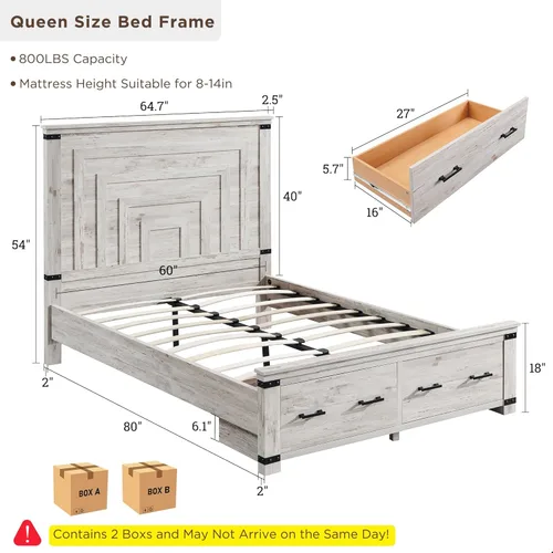 Vista 2 de RedLemon - Marco de cama de estilo granja Queen con cabecera geométrica de 137 cm de altura, cama de plataforma de madera rústica con 2 cajones