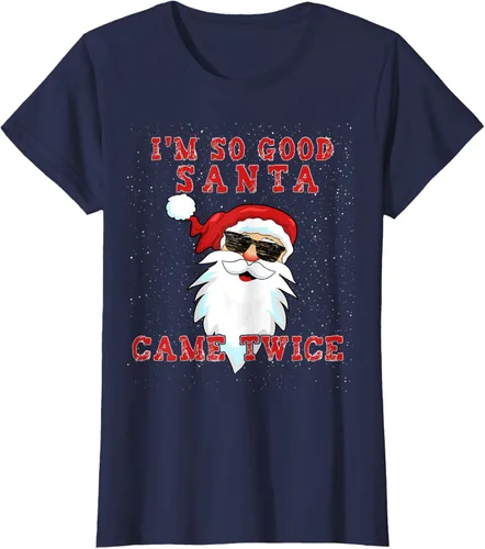 Vista 4 de Camiseta de Navidad para mujer con texto en inglés «I'm So Good Santa Came Twice» Negro