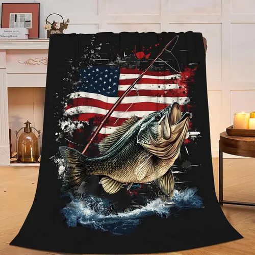 Vista 2 de Manta de pesca con bandera estadounidense, manta suave, cálida, acogedora, mullida, de felpa, regalos para niñas y mujeres, ligera, franela