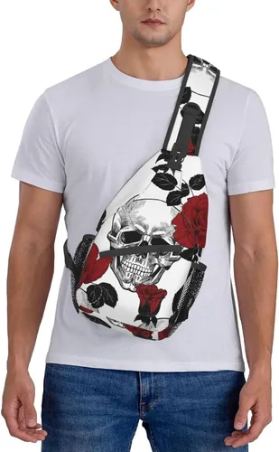 Vista 7 de Bandolera cruzada de girasol y bandera estadounidense para mujeres y hombres, bolsa de viaje para senderismo, bolsa de pecho, Rose and Skull