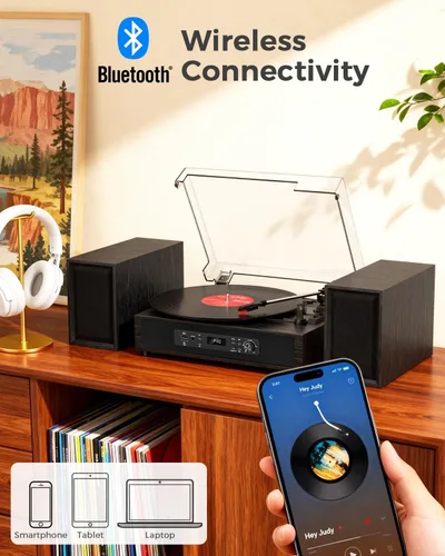 Vista 6 de Reproductor de discos de vinilo con 4+2 altavoces estéreo externos, negro