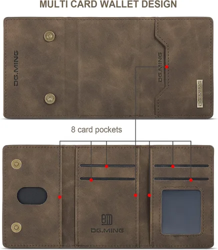 Vista 8 de Funda trasera desmontable 2 en 1 compatible con iPhone 12 Pro Max, funda tipo cartera con tarjetero y bolsillo de cuero, fundas delgadas para Café