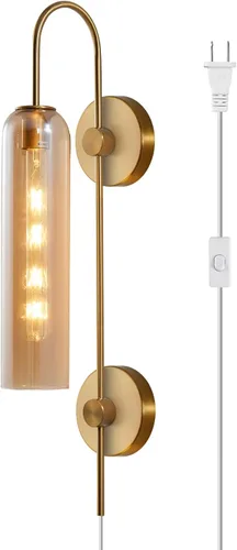 Vista 15 de BOKT Apliques de pared modernos de mediados de siglo con enchufe para interiores, largos, oro cepillado, vidrio blanco leche, apliques