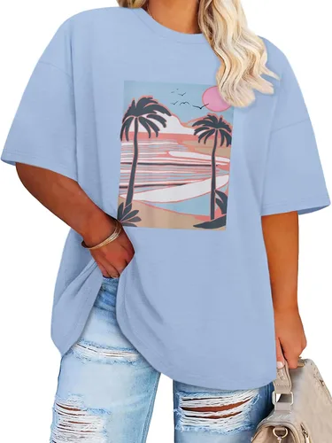 Vista 16 de Blusas de Talla Grande Casuales Camisetas Oversized para Mujeres Ajuste Holgado Cuello Redondo Blusas Camisetas Básicas de Verano Tees