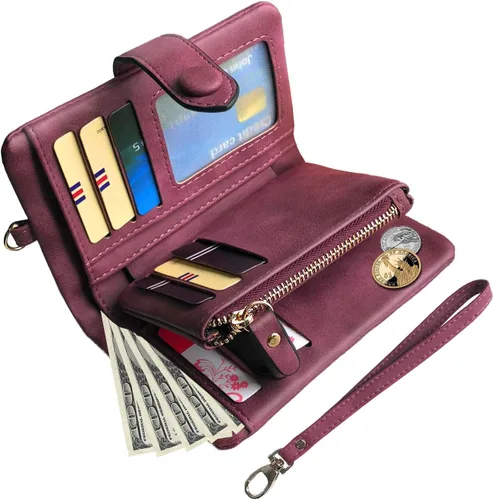Vista 2 de PofeeXIO Billeteras pequeñas de cuero plegable para mujer, con ranuras para tarjetas, con cremallera y cremallera