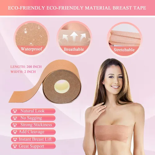Vista 3 de Cinta de tetas, cinta instantánea de levantamiento de senos con 2 pares de cubierta de silicona para pezones, brasier adhesivo reutilizable, 36