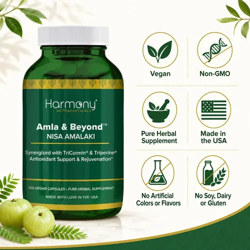 Vista 6 de Harmony Nutraceuticals Amla & Beyond™ (Nisa Amalaki) Fórmula tradicional de hierbas ayurvédicas con amla, cúrcuma y triperina™, vegetariana, 120