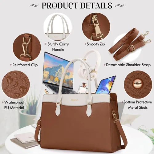Vista 6 de Bolsa para laptop RAINSMORE para mujeres de 15.6 pulgadas, impermeable, de cuero PU, bolsas de mano grande para laptop, bolsa de trabajo profesional
