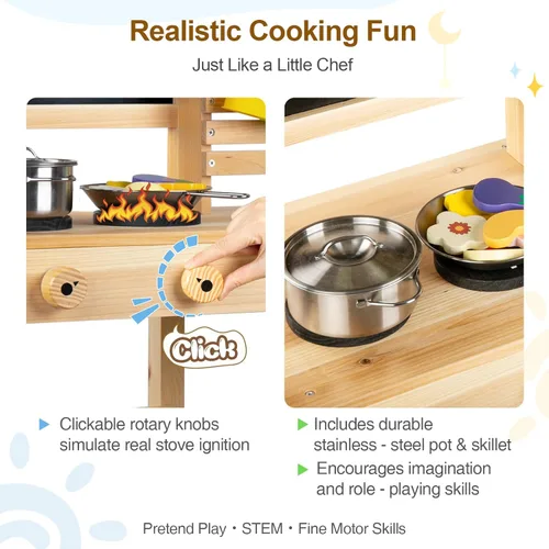 Vista 6 de Cocina de barro para niños al aire libre, juego de cocina de madera para niños pequeños con fregadero, utensilios de cocina, estufa, pizarra, grifo