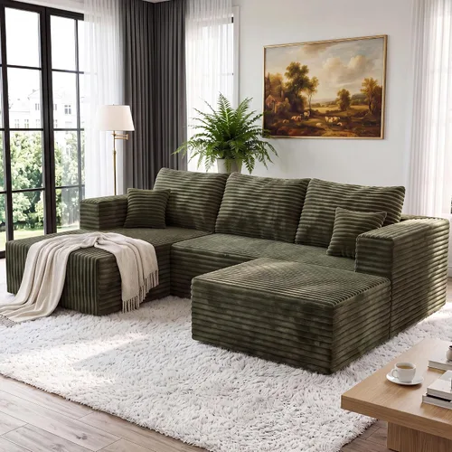 Vista 14 de Sofá modular en forma de L para sala de estar, sofá modular sin huesos con diván, sofá de pana con asiento profundo, no requiere montaje, negro