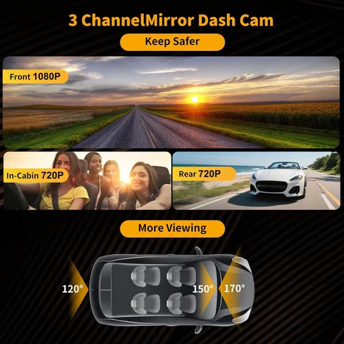 Vista 10 de Cámara de tablero WiFi de 3 canales de 9.66 pulgadas con cámara frontal y trasera, pantalla táctil IPS, triple cámara de espejo retrovisor