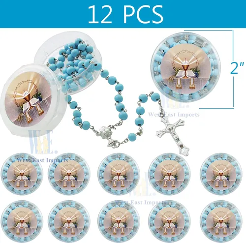 Vista 2 de Recuerdo de rosario perfumado para la Primera Comunión – 12 rosarios con caja de regalo individual y bolsa de organza., Madera, No es una piedra