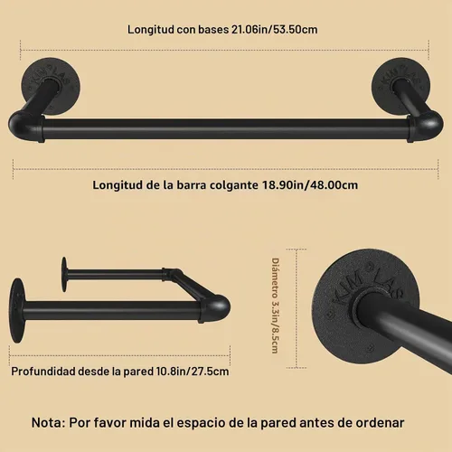 Vista 4 de Perchero de pared de 21.06 pulgadas, perchero industrial para montaje en pared, perchero de hierro resistente, barra colgante multiusos ahorradora