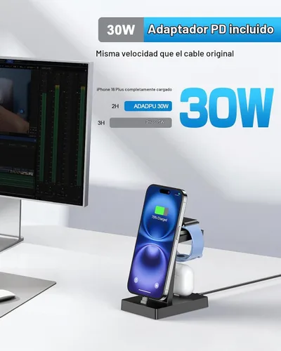 Vista 2 de Estación de carga rápida 3 en 1 de 30 W para dispositivos Apple, soporte de cargador USB C ADADPU para iPhone 17 16 15 Pro Max Plus y AirPods 4