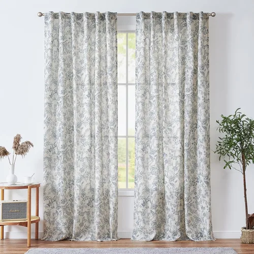Vista 25 de JINCHAN Cortinas florales de lino para sala de estar, cortinas negras de estilo granja francesa de campo, cortinas de 63 pulgadas de largo, cortinas