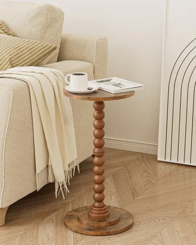 Vista 7 de Masupu Mesa auxiliar redonda, mesa auxiliar pequeña para espacios pequeños, mesa de bebidas con pedestal con pata de madera maciza para sala