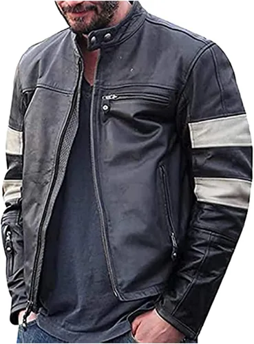 Vista 2 de Keanu Reeves Retro Black Motorcycle Leather Biker Jacket Men - Vintage Cafe Racer Jacket