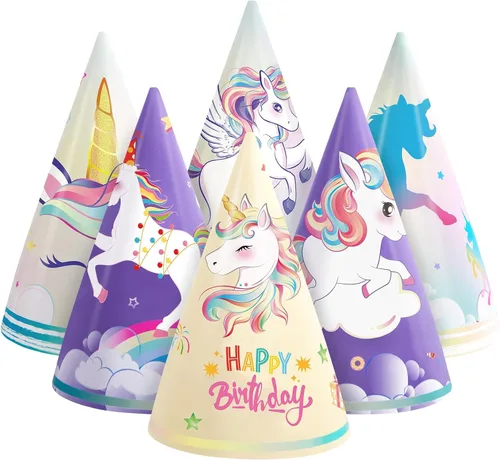 Vista 24 de WERNNSAI 12 Pcs Birthday Party Hats Assorted Themes Cone Paper Headbands Multiple Styles, Easy to Assemble with Elastic Strings, Kids Birthday