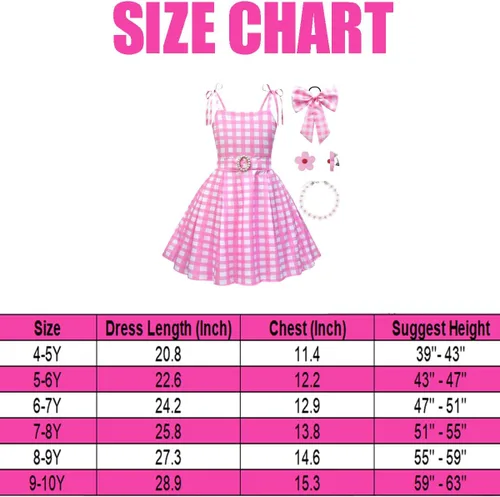 Vista 7 de Vestido a cuadros rosa para niñas, disfraces de cosplay con accesorios de 4 a 14 años