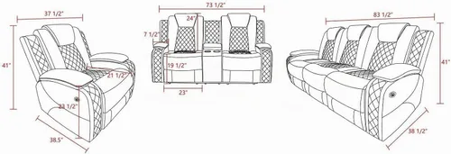 Vista 2 de Juego de sofá reclinable multifunción de cuero Power Air con luces LED, muebles de sala de estar, sofá reclinable, sofá biplaza, silla con puerto