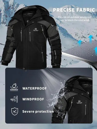 Vista 3 de EVIL WOLF Chaqueta de esquí impermeable para hombre, con capucha y cálida, con múltiples bolsillos, equipo esencial de invierno para esquí