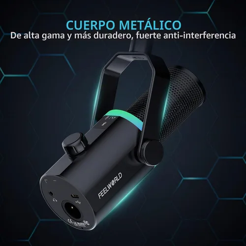 Vista 8 de FEELWORLD PM1 XLR USB Negro Metal Podcast Micrófono Dinámico con Escritorio