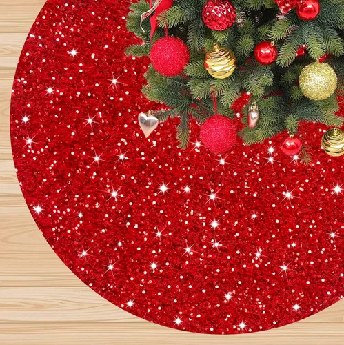 Vista 9 de FANPROMS Falda de árbol de Navidad rosa intenso con lentejuelas de 21 pulgadas, faldas de terciopelo de doble cara para árbol de Navidad de mesa