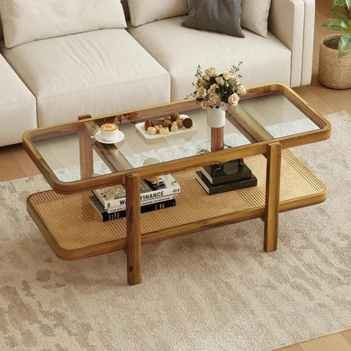 Vista 13 de Giantex Mesa de centro de ratán, mesa de té de madera ovalada de 2 niveles con mesa de vidrio templado y estante de almacenamiento de ratán de Negro