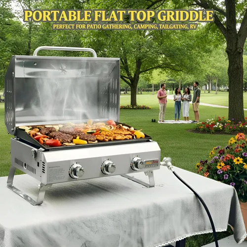 Vista 2 de ONLYFIRE GRILLS - Parrilla de mesa de gas con patas plegables, parrilla de gas propano portátil de 3 quemadores con tapa plana para cocinar al aire