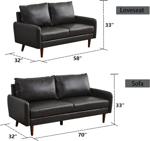 Vista 3 de INSTORY Sofá de dos plazas de cuero moderno Sofá cómodo con patas de madera para sala de estar, oficina, color gris oscuro