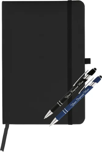 Vista 8 de ExpressDesigns™ - Juego de regalo de bolígrafos personalizados con diario - 2 bolígrafos de metal suave al tacto con cuaderno - Grabado Negro