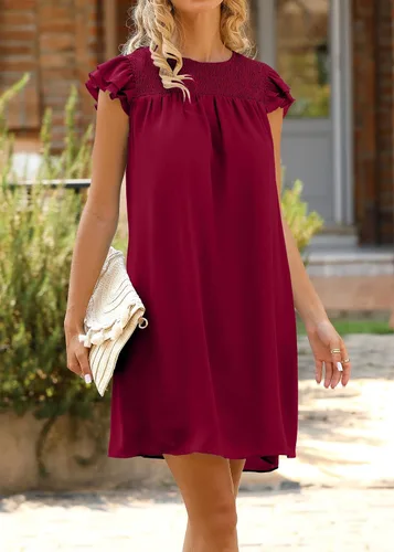 Vista 2 de KIRUNDO Vestido casual de verano 2024 para mujer, manga casquillo con volantes, cuello redondo, corto, liso, holgado, de gasa, vestido recto