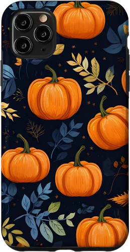 Vista 13 de iPhone 16 Calabazas y Hojas de Otoño Patrón Fondo Oscuro Caso