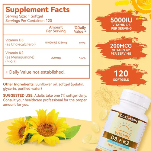 Vista 3 de Cápsulas blandas de suplemento de vitamina D3 K2, vitamina D3 5000 UI y vitamina K2 MK7 200 mcg, soporte para huesos y dientes, fácil de tragar, 120