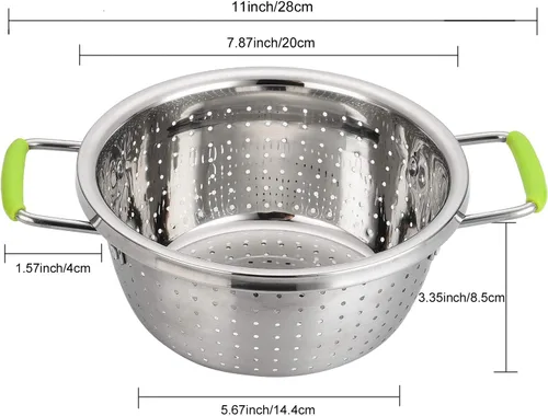 Vista 2 de Colador Profundo de Acero Inoxidable Microperforado de 2.5 Quart, Colador de Alimentos de Metal con Asas de Silicona Verde para Drenar Pasta