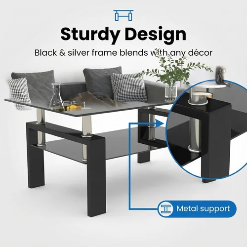 Vista 5 de Mesa de centro de vidrio rectangular Meihua de 2 niveles, mesa de té moderna, mesa auxiliar de café para sala de estar (todo negro)