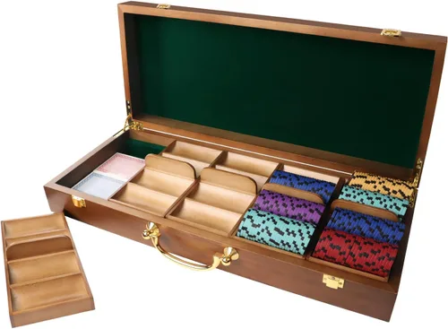 Vista 9 de GSE Games & Sports Expert Estuche de madera para fichas de póquer con 3 bandejas de fichas, capacidad para 300 fichas, soporte para fichas de póquer